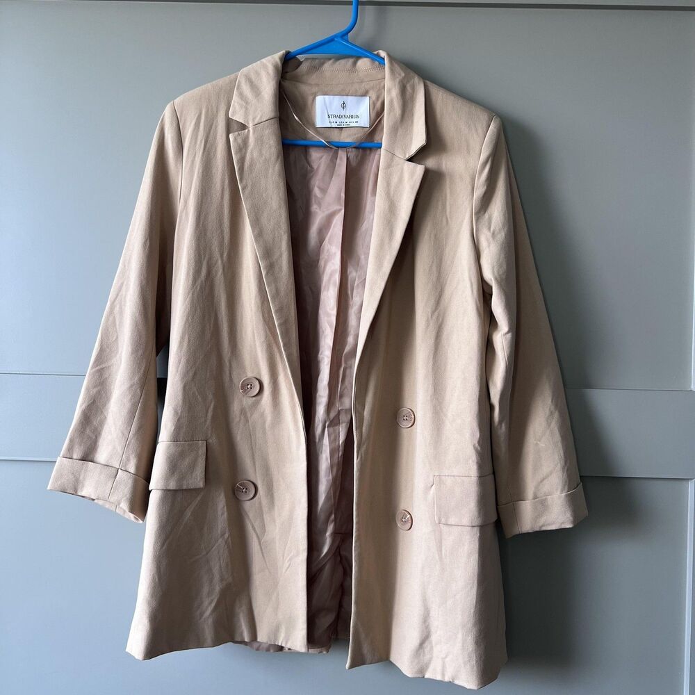 Stradivarius Blazer Womens‎ Medium Beige Double Breasted Longline Notch Lapel
